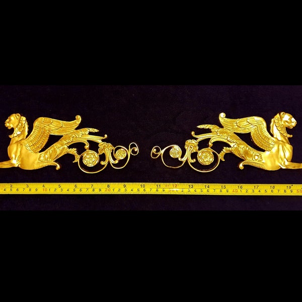 Pair Griffin Gilt Gold or White French Style Decorative Onlay Applique Wall Furniture Moulding Pediment Plastic  Decoration
