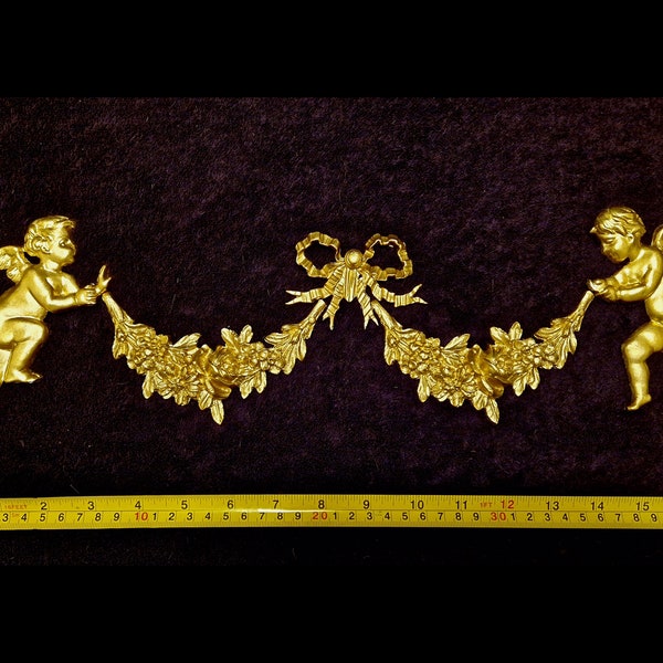 Large Ornate Applique Cherubs Floral Gilt White French Style Decorative Wall Furniture Onlay Applique Moulding Pediment Plastic Decoration