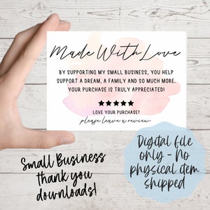 Fabriqué avec amour, téléchargement de remerciement, téléchargement de cartes de remerciement faites à la main pour petites entreprises, cartes de sac pour petites entreprises, cartes de remerciement