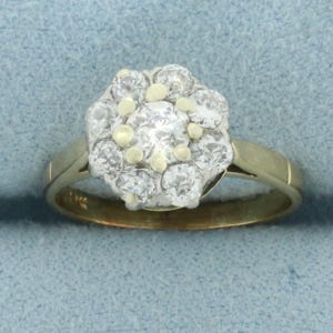 Antique Old European Cut Diamond Flower Ring in 14k Yellow Gold