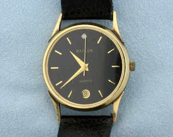 Vintage Mens Baylor Diamond Quartz Watch in Solid 14k Yellow Gold Case