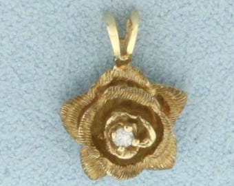 Diamond Rose Flower Pendant in 14k Yellow Gold