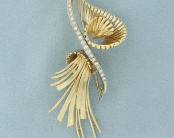 Diamond Tassel and Spiral Design Brooch in 14k Yellow Gold