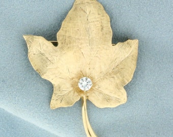 Maple Leaf 1/3ct Diamond Brooch or Pin in 14K Yellow Gold