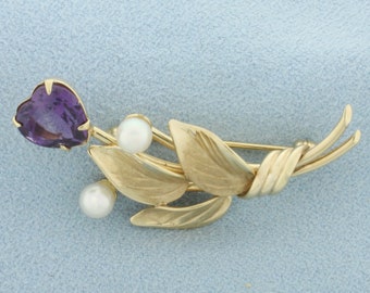 Designer Harry S. Bick HSB Amethyst and Pearl Flower Pin Brooch in 14k Yellow Gold