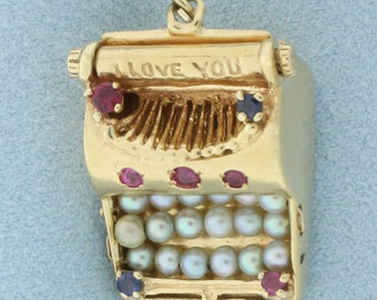 I Love You Gemstone Typewriter Charm or Pendant in 14k Yellow Gold