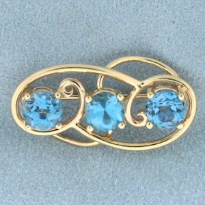 Vintage Swiss Blue Topaz Brooch in 14k Yellow Gold