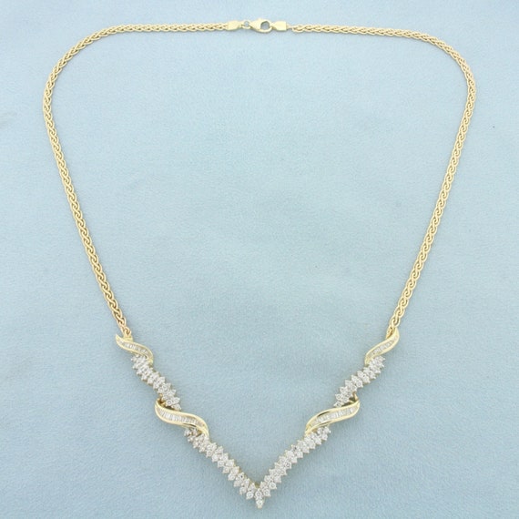 Italian Baguette and Round Diamond V Necklace in … - image 2