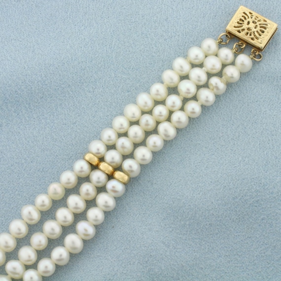 Triple Strand Cultured Pearl Bracelet in 14k Yell… - image 2