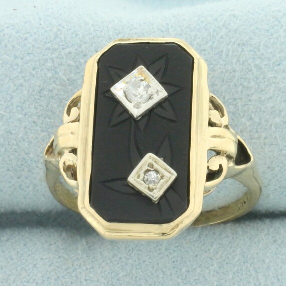 Antique Flower Etched Onyx and Diamond Ring in 10… - image 1