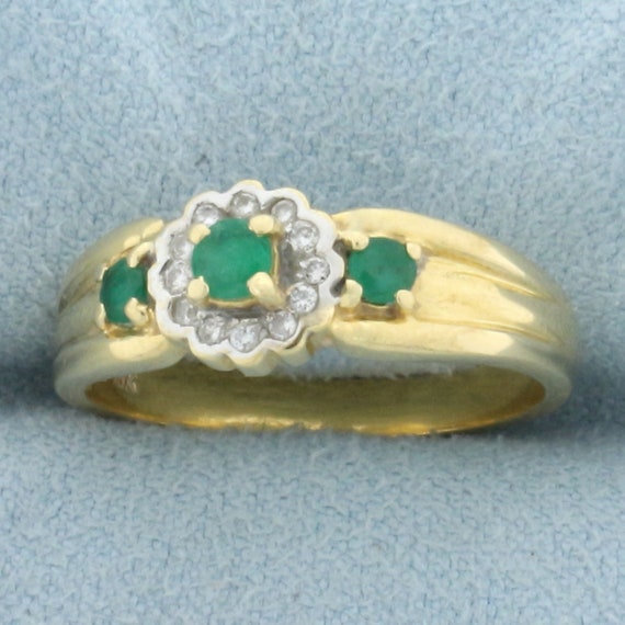 Emerald and Diamond Flower Design Ring in 18k Yel… - image 2