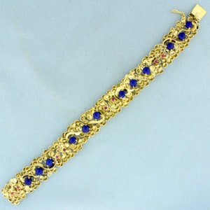 Designer Vintage Ruby and Lapis Lazuli Bracelet in 14K Yellow Gold