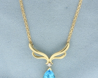 Removable Blue Topaz and Diamond Necklace in 14k Yellow Gold