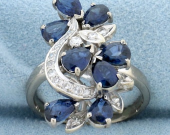 Designer Sapphire and Diamond Statement Ring in 14K White Gold