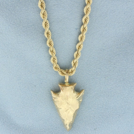 Large Arrowhead Pendant on Rope Chain Necklace in 14k Yellow Gold