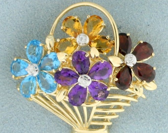 Rainbow Gemstone and Diamond Flower Basket Pin in 14K Yellow Gold