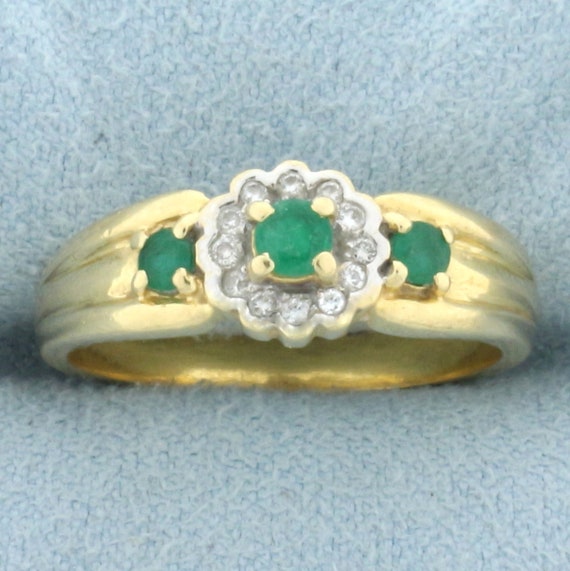 Emerald and Diamond Flower Design Ring in 18k Yel… - image 1