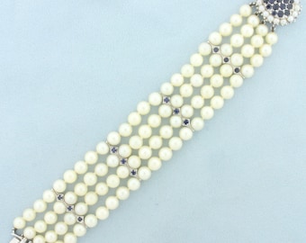 Pulseira vintage de safira e pérola Akoya cultivada em ouro branco 14k