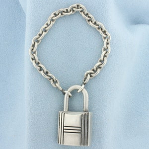 Vintage Hermes Sterling Silber Cadena Vorhängeschloss Taschenanhänger mit Kette