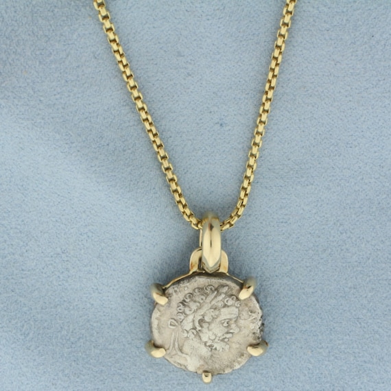 Roman Empire Silver Denarius Coin Necklace in 14k Yellow Gold 