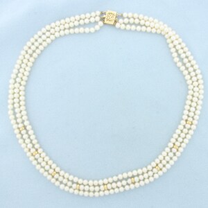 Triple Strand Pearl and Gold Bead Necklace in 14k Yellow Gold
