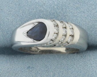 Modern Designer Sapphire and Diamond Ring in 14k White Gold