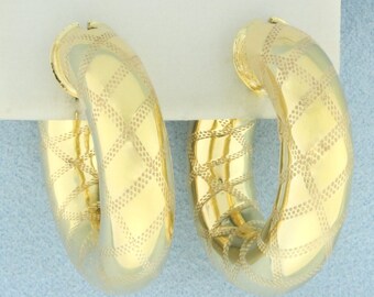 Italian Etched Design Hoop Earrings in 14k Yellow Gold