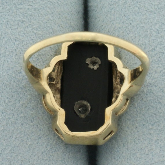 Antique Flower Etched Onyx and Diamond Ring in 10… - image 4