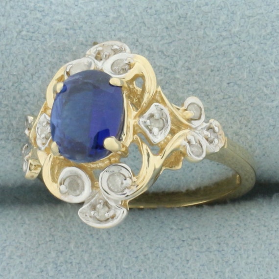 Sapphire and Diamond Scroll Design Ring in 14k Ye… - image 2