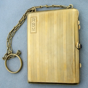 Antique Chatelaine Makeup Case with Chain in Solid 14K Yellow Gold