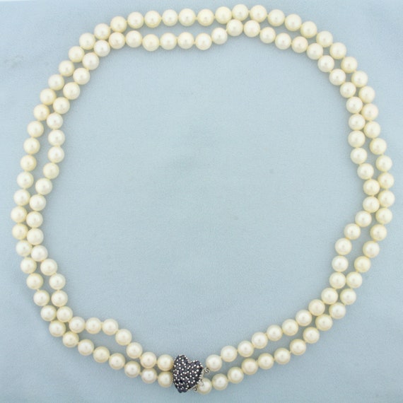 Vintage Sapphire Heart Akoya Pearl Necklace in 14… - image 1