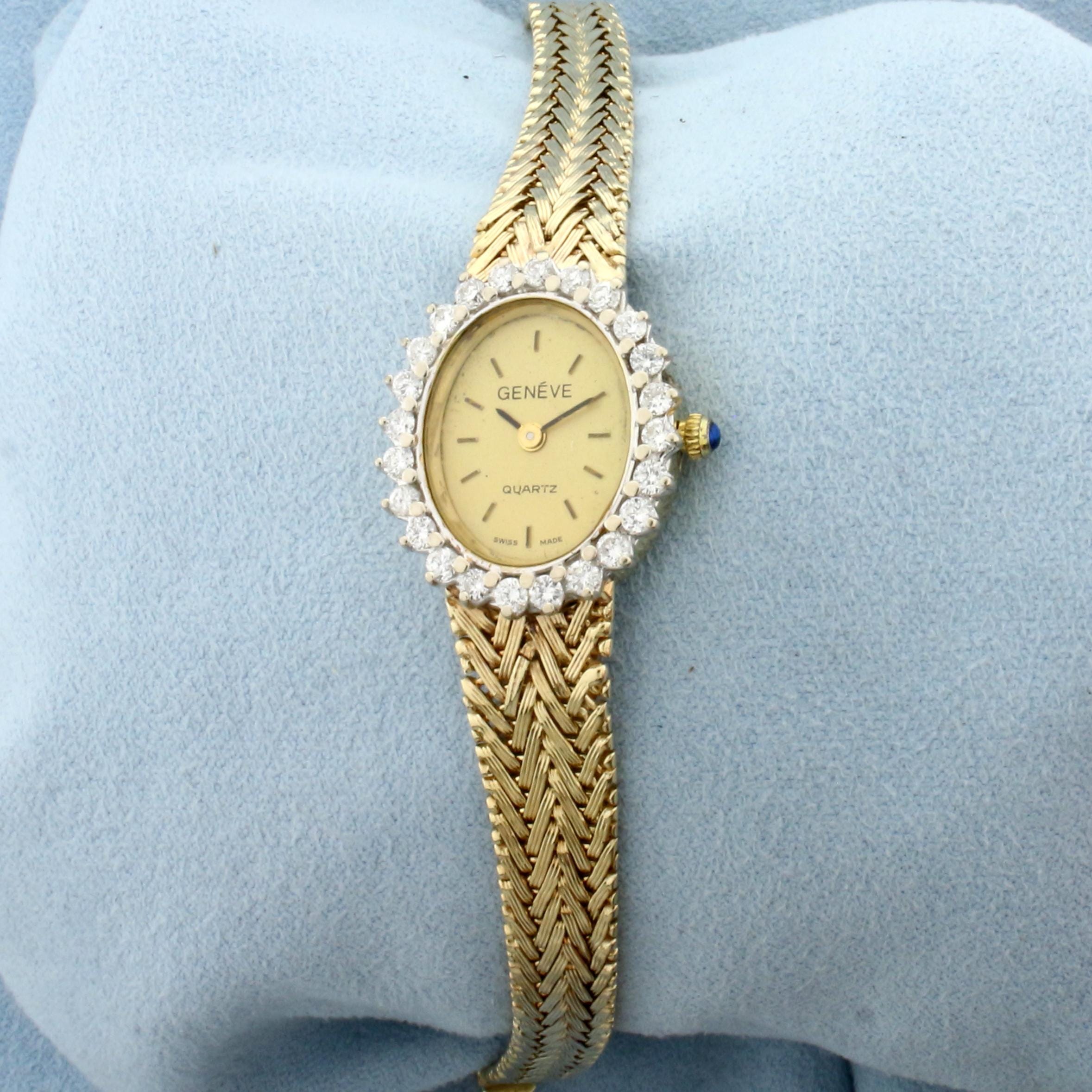 Ladies Geneve Diamond Swiss Watch in Solid 14k Yellow Gold