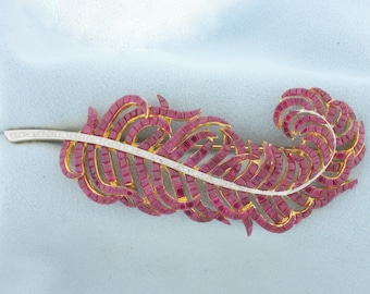 Ruby and Diamond Feather Brooch in 18k Yellow Gold