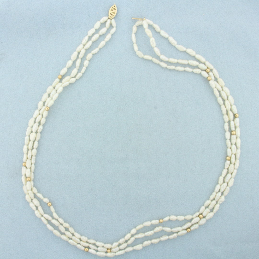 Triple Strand Baroque Pearl and Gold Bead Necklace in 14k Yellow Gold ...