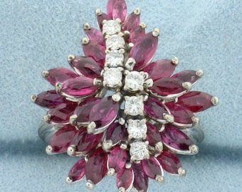 Vintage Ruby And Diamond Flower Design Ring in 18k White Gold