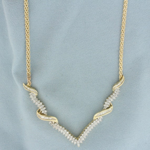 Italian Baguette and Round Diamond V Necklace in … - image 1