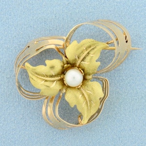 Vintage Hand Crafted Pearl Leaf Pin Brooch in 18K Yellow and Rose Gold