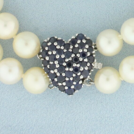 Vintage Sapphire Heart Akoya Pearl Necklace in 14… - image 2