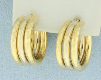 Triple Hoop Etched Design Earrings in 18k Yellow Gold