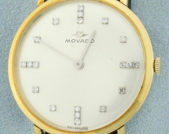 Vintage Mens Movado Diamond Dial Dress Watch in 18k Yellow Gold