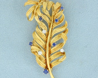 Sapphire and Diamond Feather Pin in 18K Yellow Gold