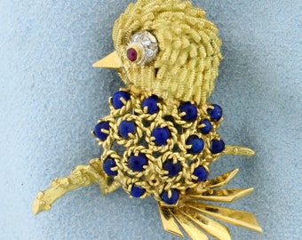 Italian Made Lapis, Ruby, and Diamond Bird Pin in 18K Yellow Gold