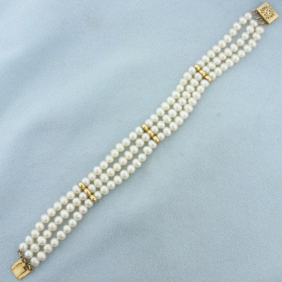 Triple Strand Cultured Pearl Bracelet in 14k Yell… - image 1