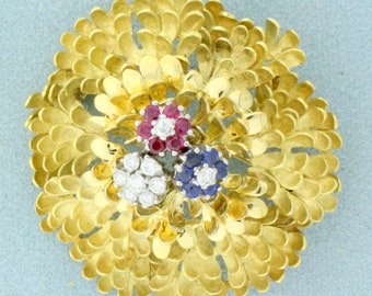 Designer Ruby, Sapphire and Diamond Flower Pin in 18K Yellow Gold