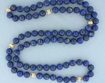 Lapis Lazuli and 14k Gold Bead Hand Knotted Strand Necklace
