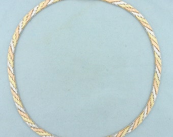 Italian 16 Inch Tri-Color Designer Link Necklace in 14K Yellow, White and Rose Gold