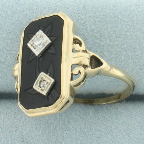 Antique Flower Etched Onyx and Diamond Ring in 10… - image 2