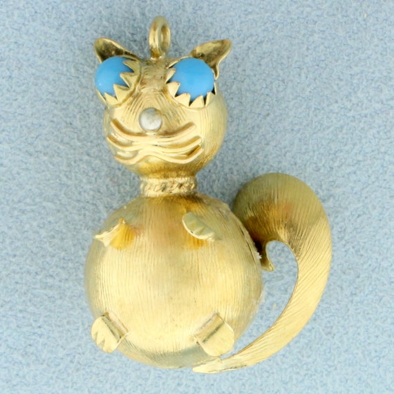 Custom Designed Turquoise Cat Pendant in 18K Yell… - image 1