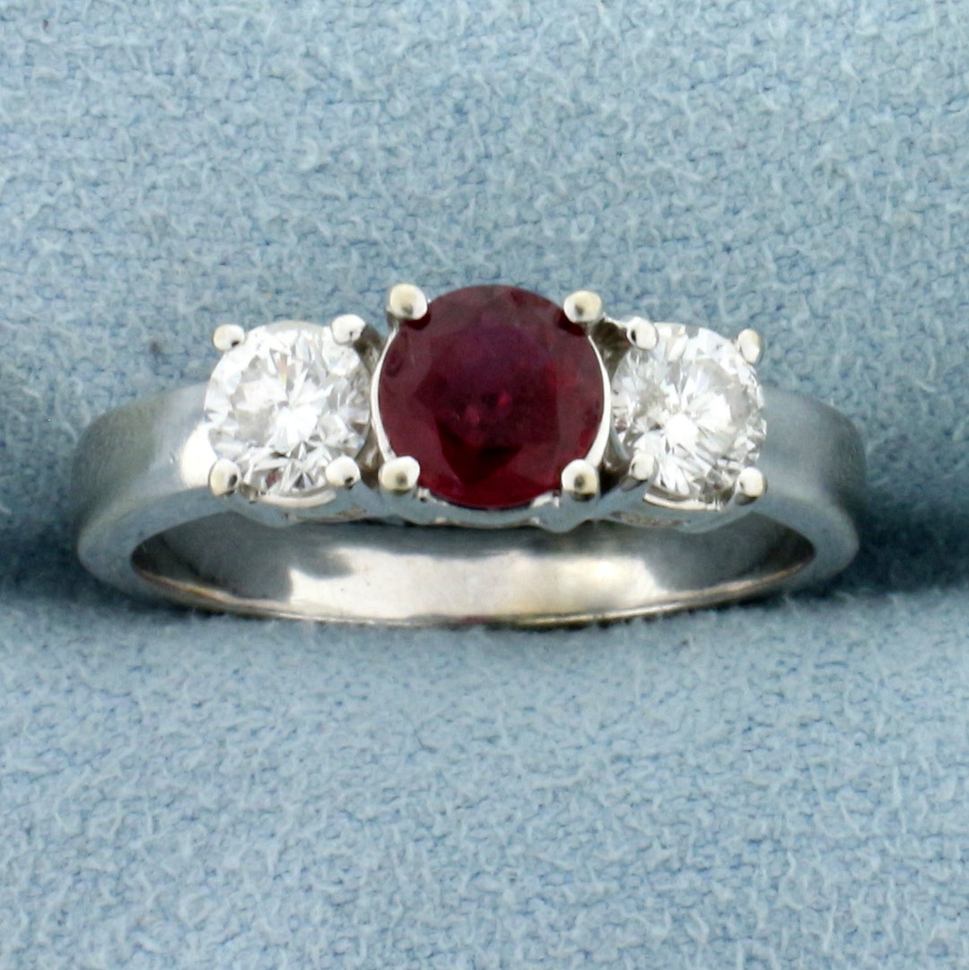 Natural Ruby and Diamond Three-stone Ring in 14k White Gold - Etsy