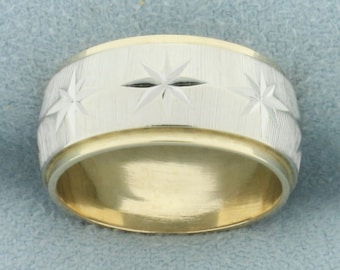 Two Tone Star Design Band Ring in 14k White and Yellow Gold